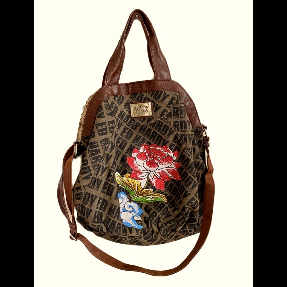 Ed Hardy Shoulder Bag large purse /tote -17x15 brown /floral print Vintage roses